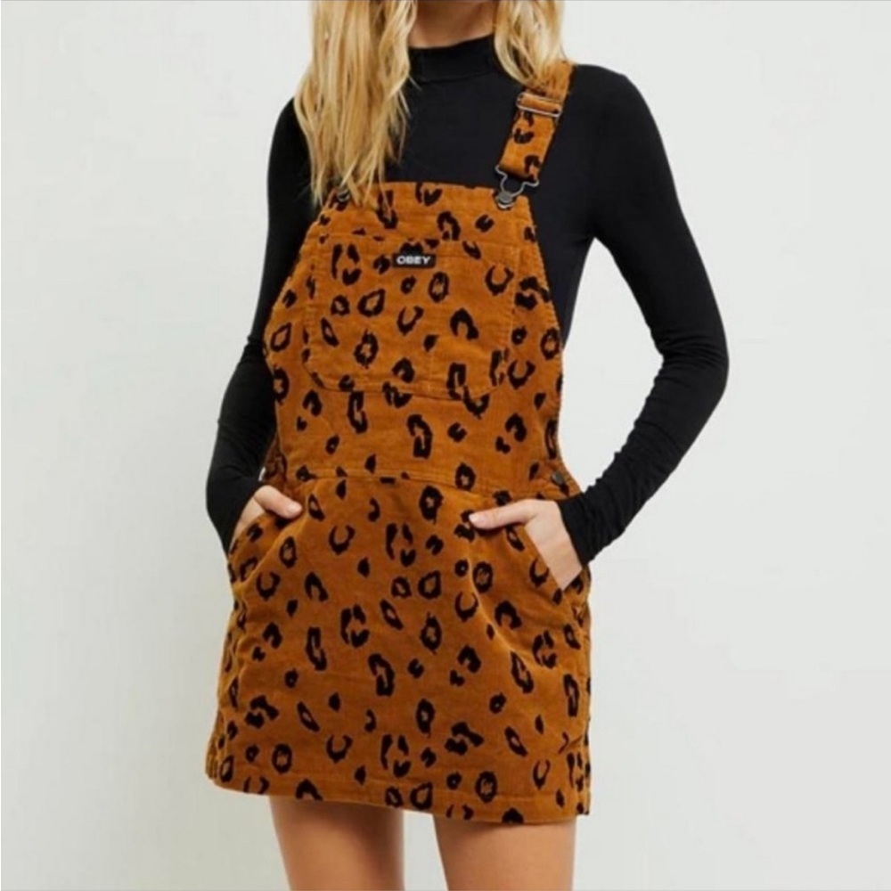 EUC Obey Overall Dress Corduroy Animal Print Womens Size small cheetah